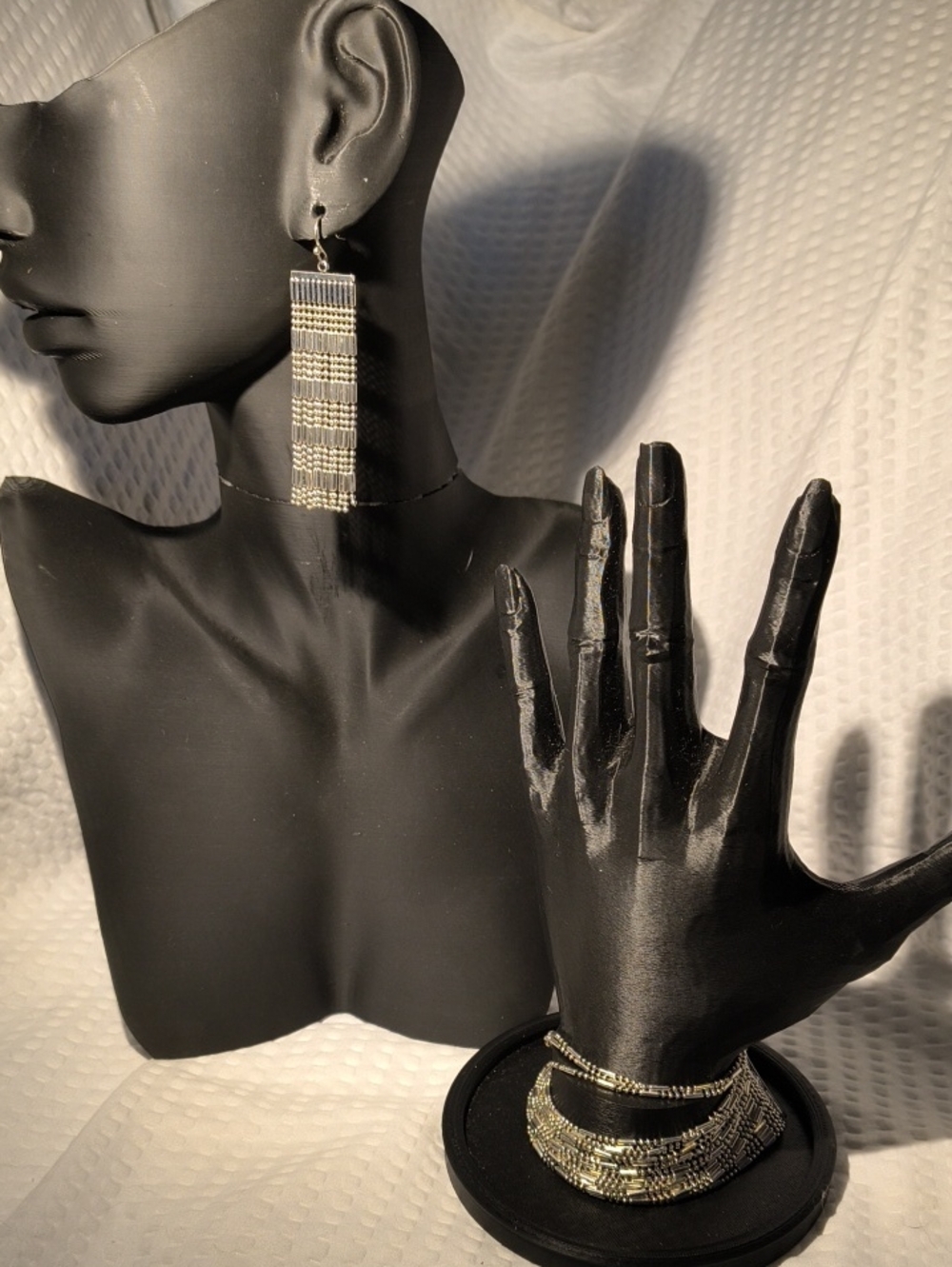 Plunder Silver Beaded Fringe Earrings with Matching Silver Bracelet